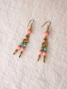 Vintage Saks Fifth Avenue Coral & Turquoise Beaded Drop Earrings